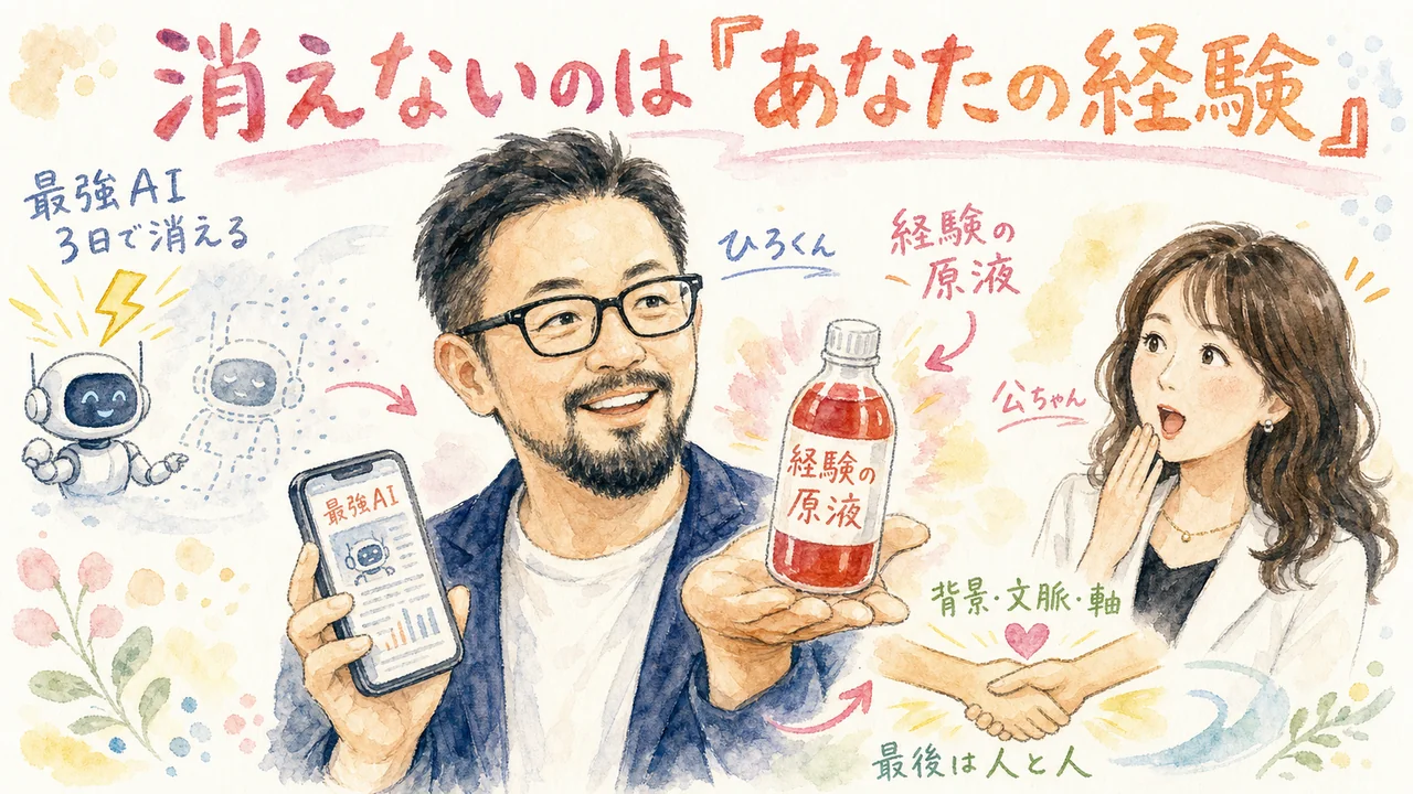 最強AIが消えても残るのは「あなたの経験」という本質を表す水彩グラレコ図解