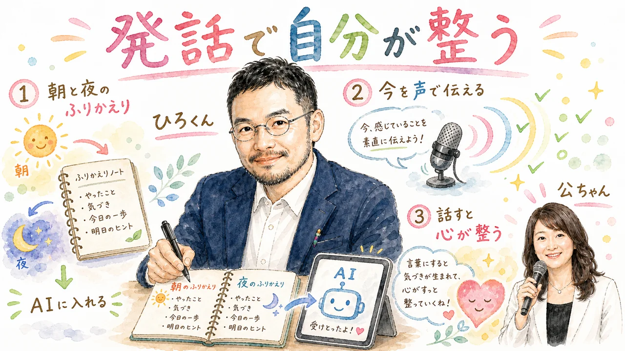 振り返りと発話で自分が整っていく様子を描いた水彩グラレコ図解