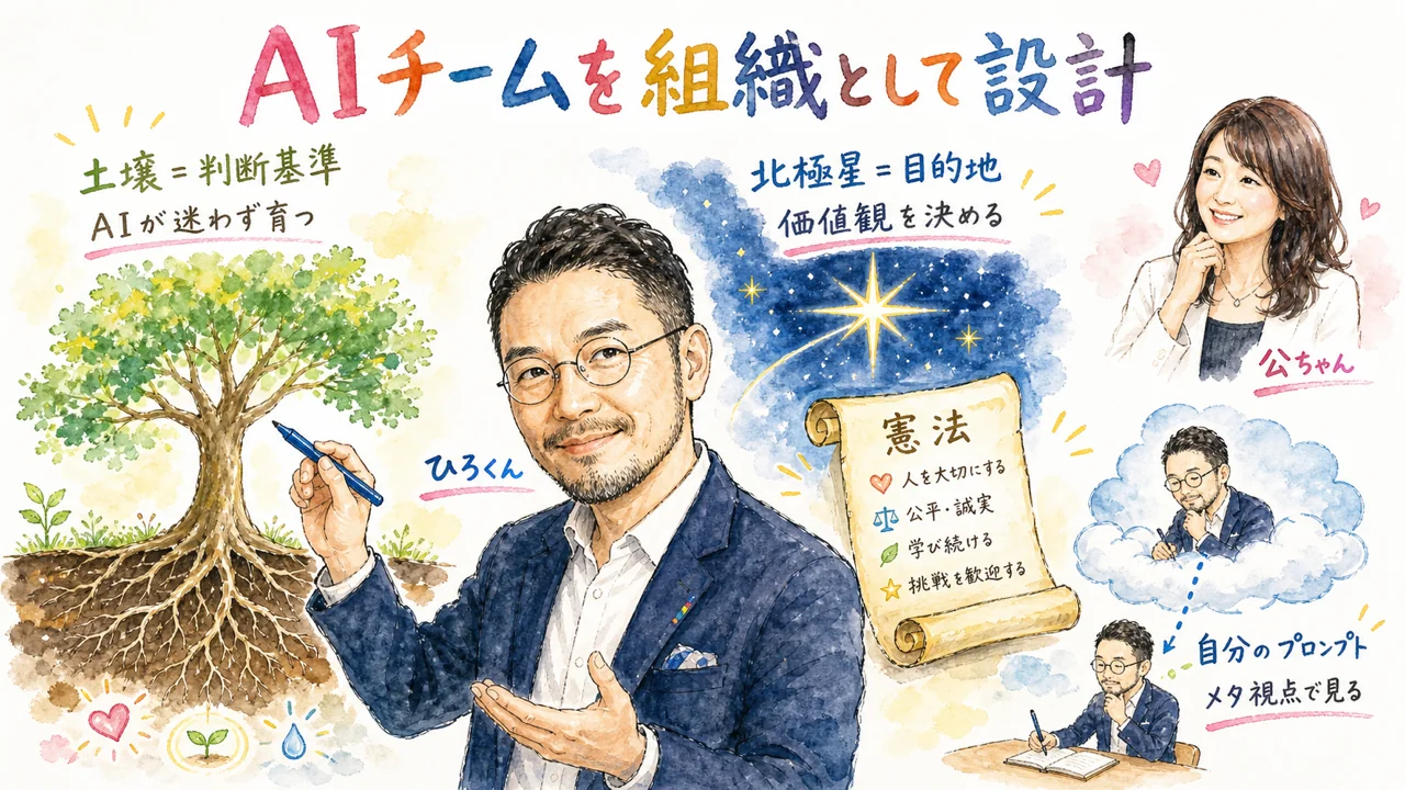 AIチームを組織として設計する土壌・北極星・憲法の関係を描いた水彩グラレコ図解