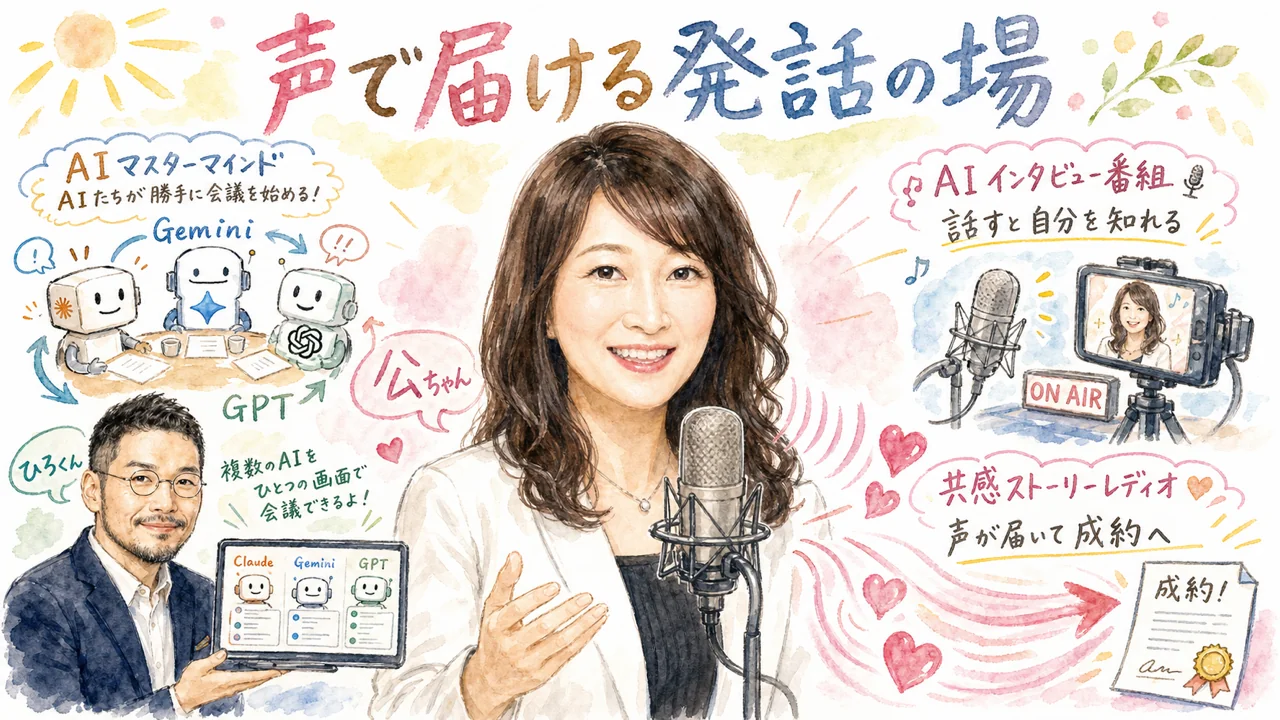 発話の場としてのAIインタビュー番組と共感ストーリーレディオを描いた水彩グラレコ図解