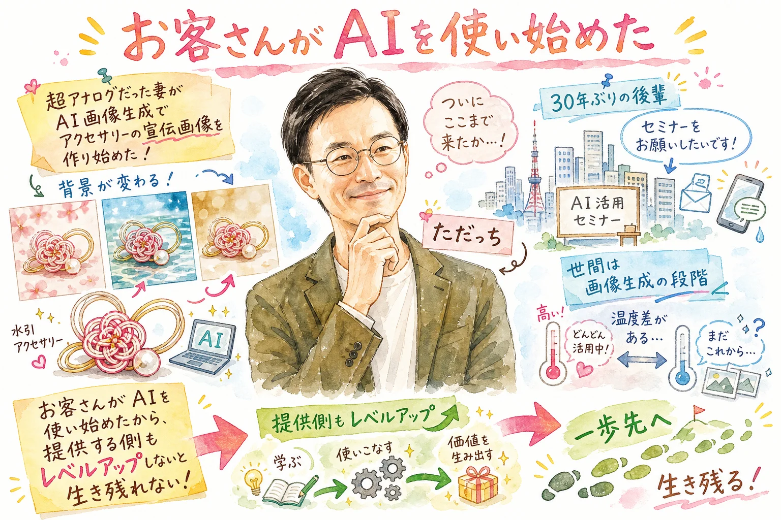 妻のAIアクセサリーと街で感じたAIの広がりをただっちが語る水彩グラレコ図解