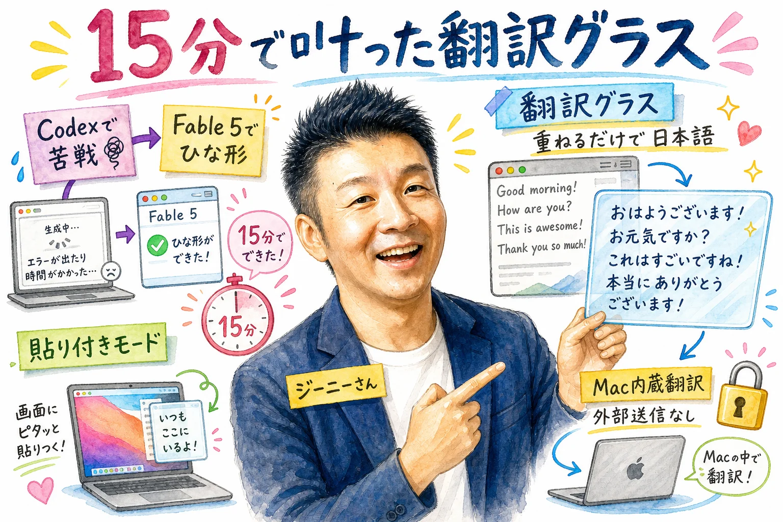15分で作った翻訳グラスを実演するジーニーさんの実現力を描いた水彩グラレコ図解