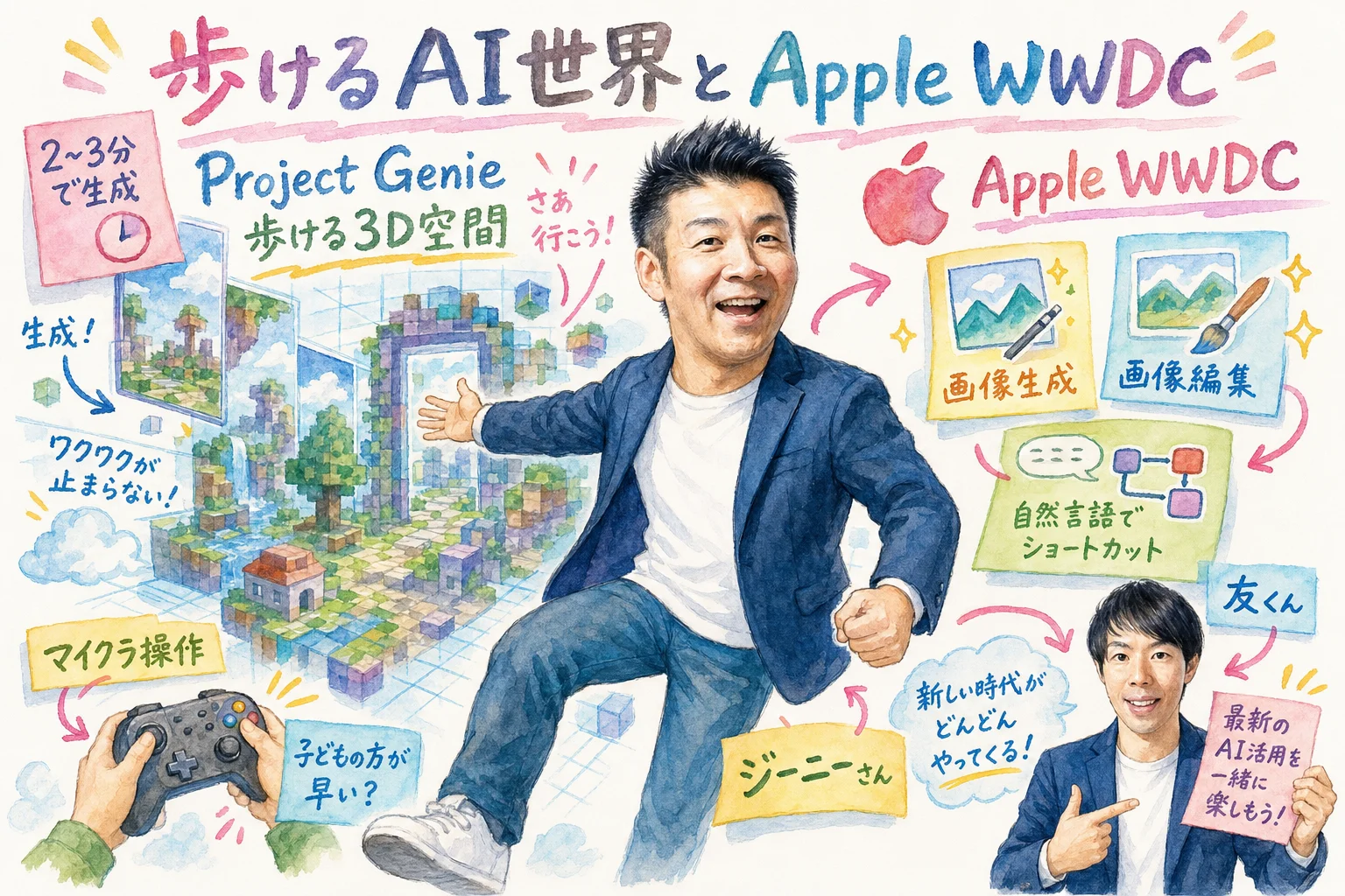 歩けるAI世界Project GenieとApple WWDCを紹介するジーニーさんと友くんの水彩グラレコ図解