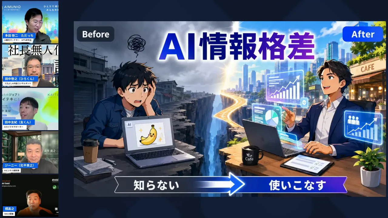 AI情報格差というスライドを背景にただっちが街で感じた変化を語るLIVEシーン