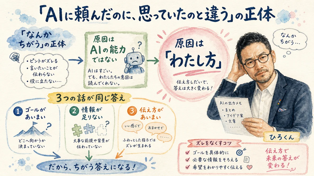 「AIに頼んだのに思っていたのと違う」の正体を示す水彩グラレコ図解