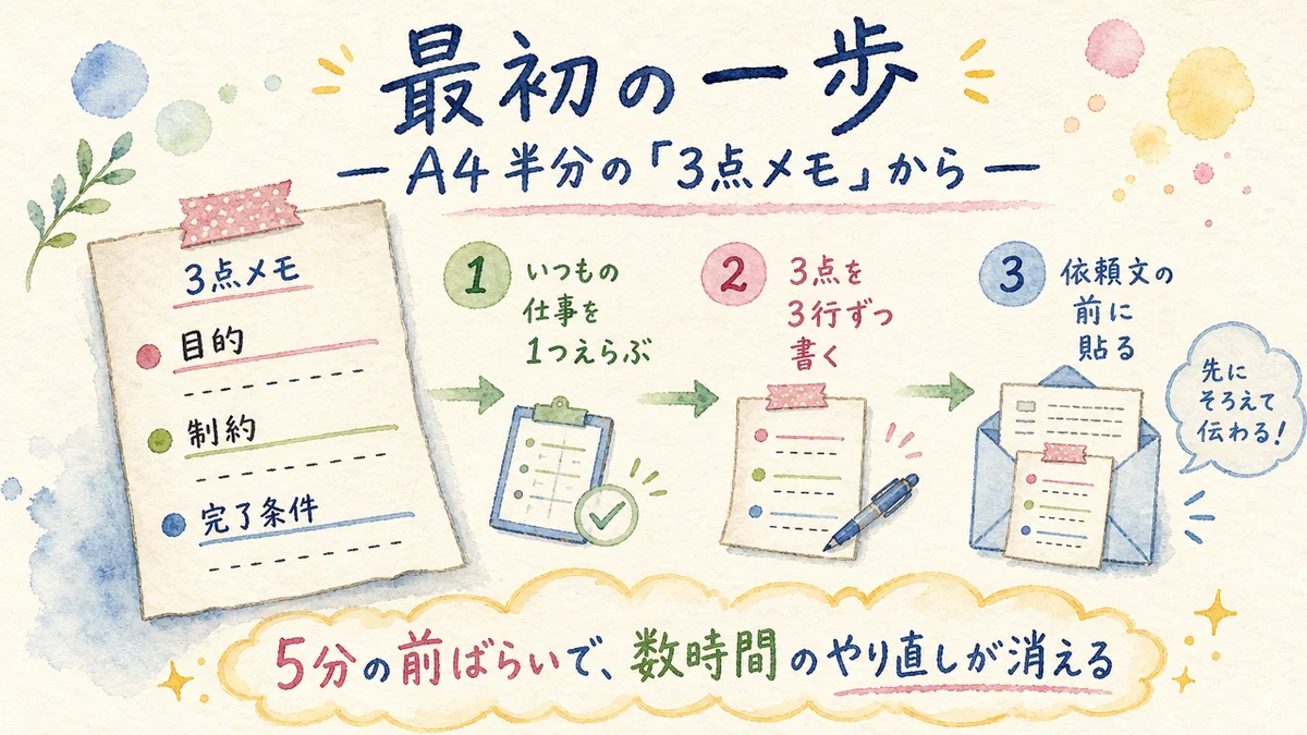 最初の一歩——A4半分の3点メモの書き方の水彩図解