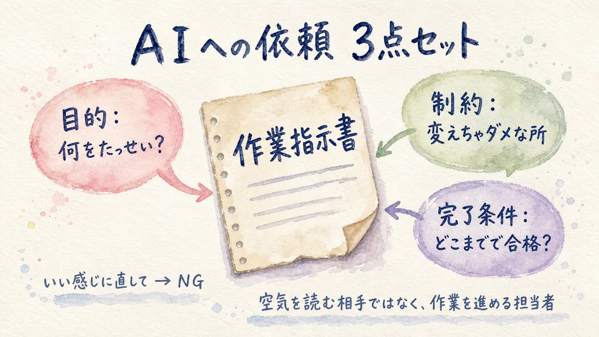 AIへの依頼は作業指示書——目的・制約・完了条件の3点セットの水彩図解