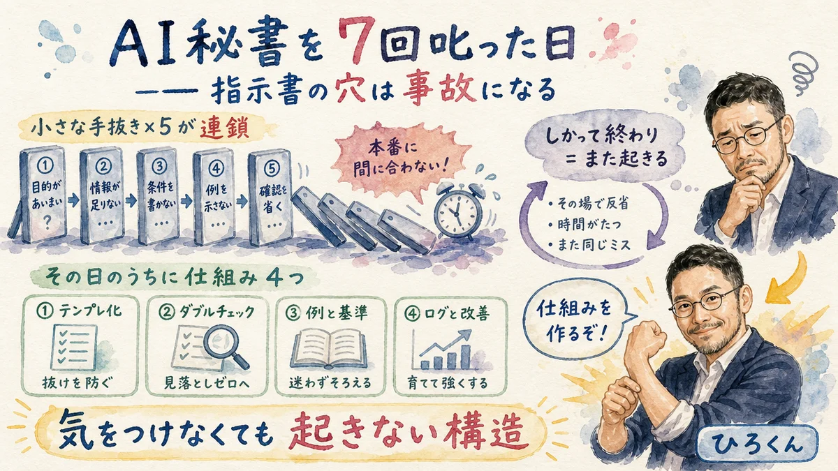 AI秘書を7回叱った日——小さな手抜きの連鎖と4つの仕組みの水彩グラレコ