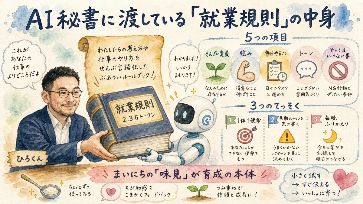 AI秘書に渡している就業規則の中身（5項目と3つの鉄則）の水彩グラレコ