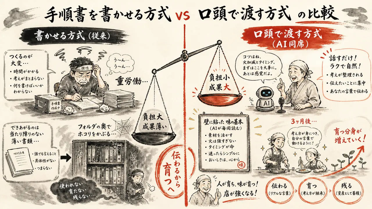 手順書を書かせる方式と口頭で渡す方式の比較（図解）