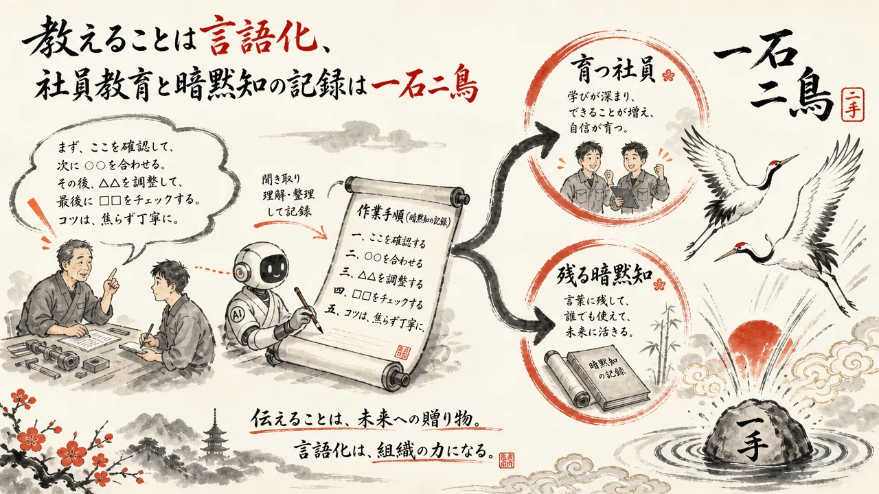 教えることは言語化・社員教育と暗黙知の記録は一石二鳥（図解）