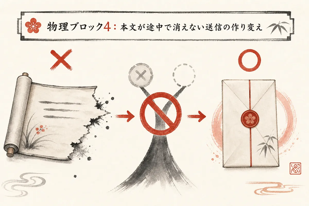 物理ブロック4・本文が途中で消えない送信の作り変えを手紙と封筒で表した和モダン図解