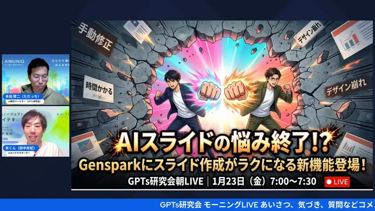 Gensparkのスライドで自動生成されたタイトルを示すスクリーンショット