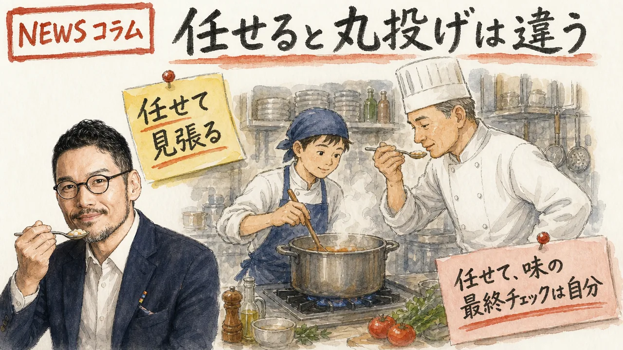 ひろくんがAIに任せることと見張ることのバランスを語るコラム図解