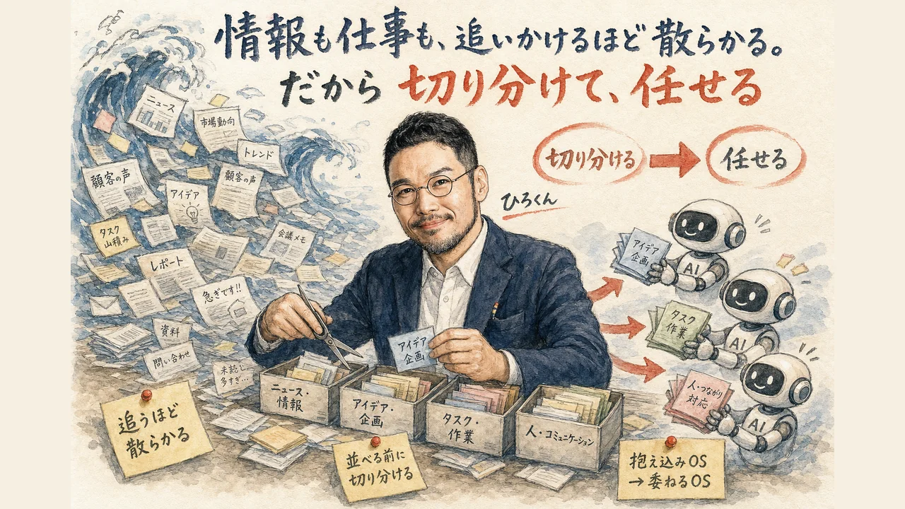 ひろくんコラム図解：情報の洪水を追いかけるのではなく、切り分けてAIに委ねる「抱え込みOSから委ねるOSへ」