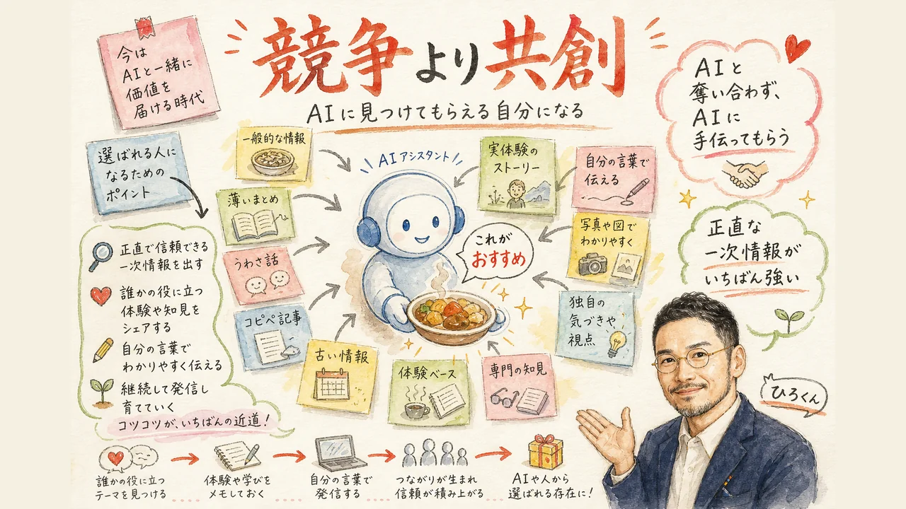 ひろくんのコラム図解：競争より共創。AIがひろくんのコンテンツを選んで差し出すイメージ