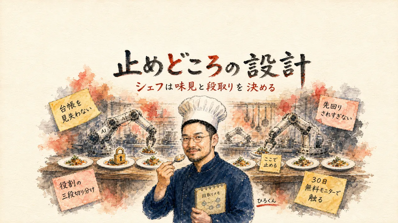 ひろくんが厨房でAIに作業を任せて味見役に回るコラム図解