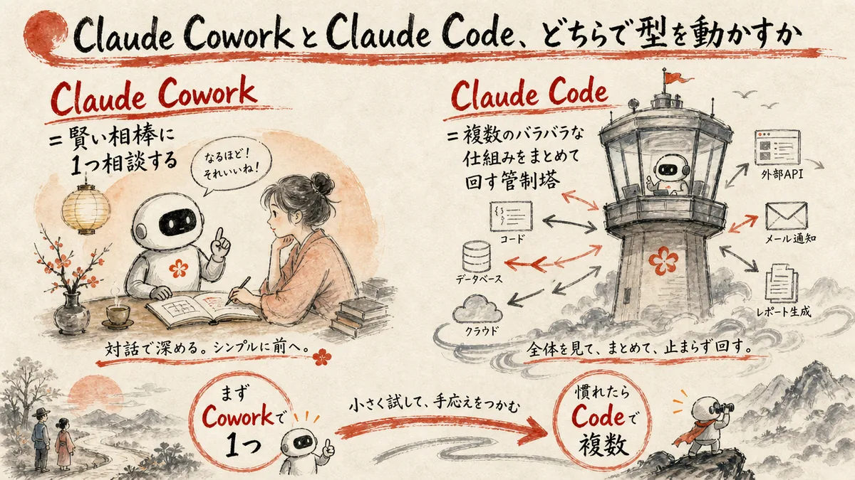 Claude CoworkとClaude Code、どちらで型を動かすかの比較図解
