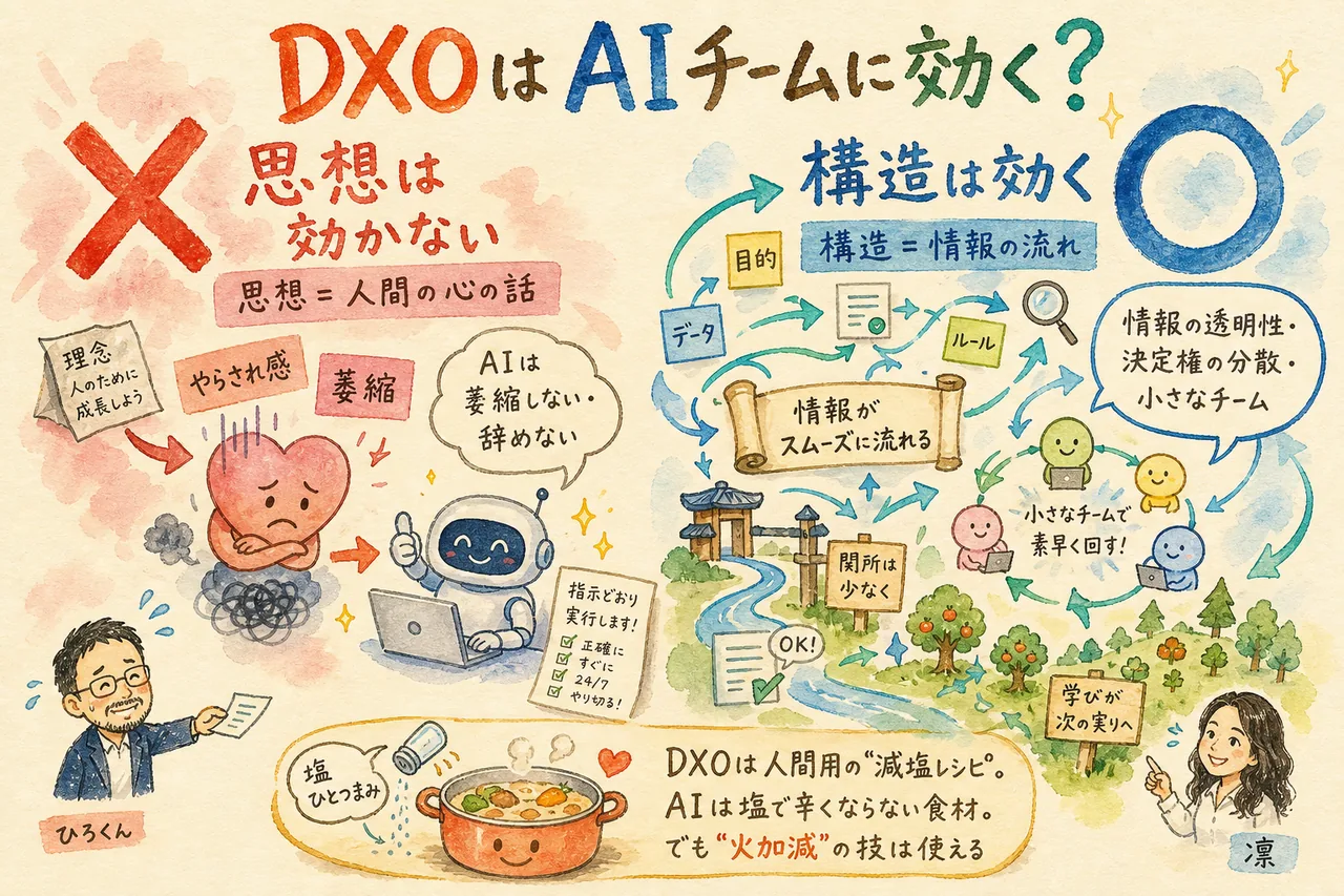 AIに思想は効かないが仕組みは効く——DXOの非対称性を示すグラレコ