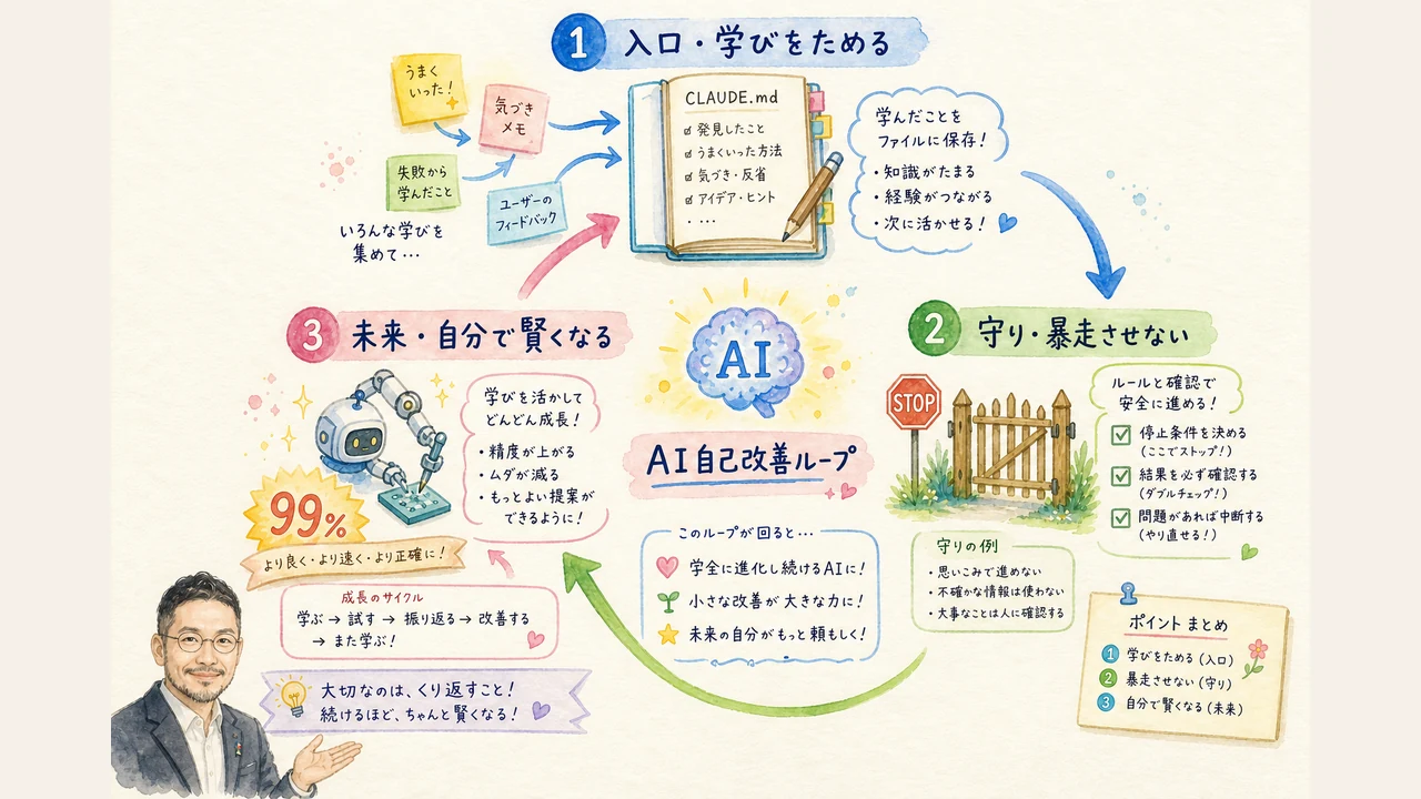 AIが自分の学びを貯めて賢くなる三層のしくみの解説図