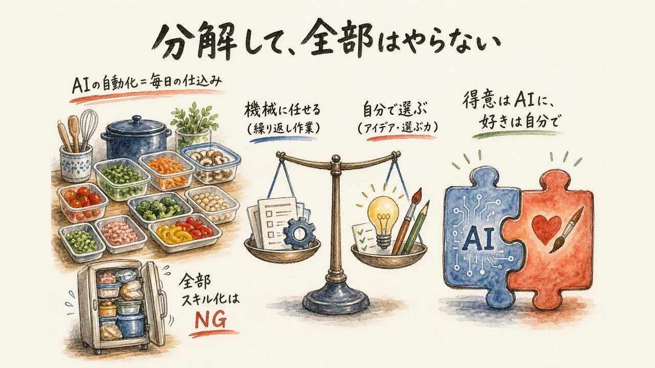 分解して全部はやらない 仕込みと天秤と凸凹の図解