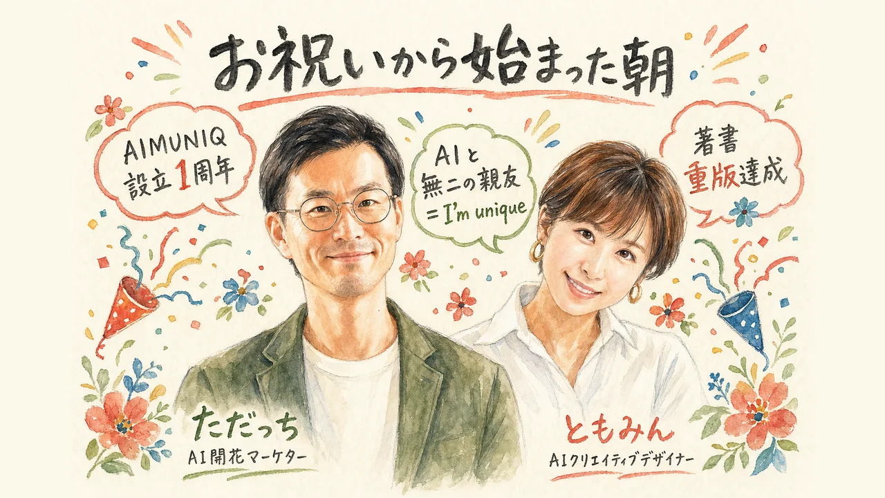 AIMUNIQ設立1周年とともみん著書ヒットを祝うただっちとともみん