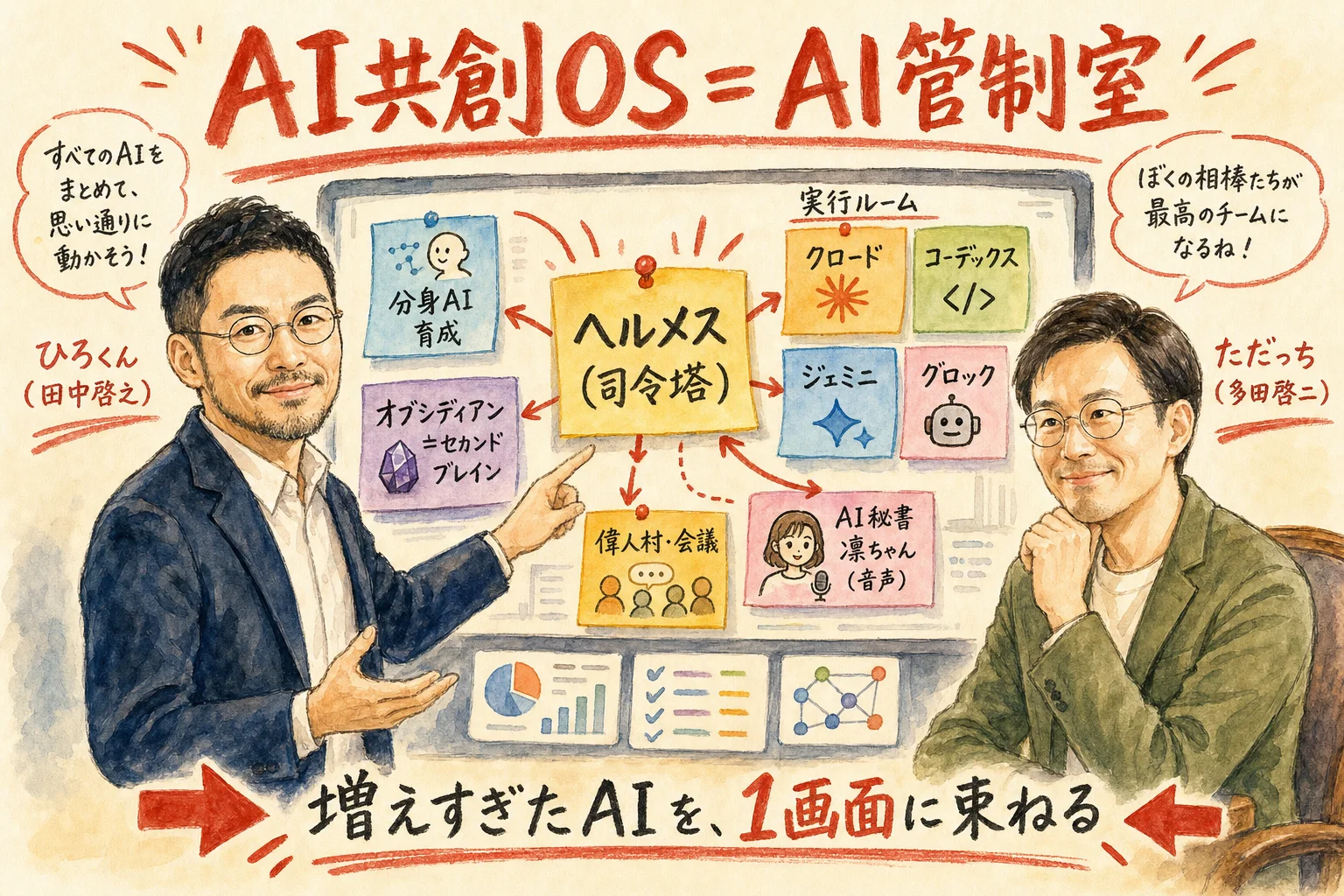AI管制室（AI共創OS）を画面共有で実演する朝LIVEのグラフィックレコーディング