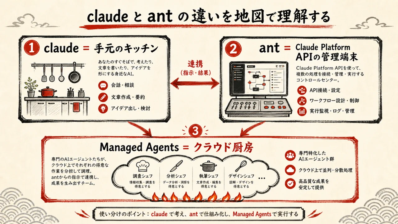 claude と ant と Managed Agents の違いを示す地図
