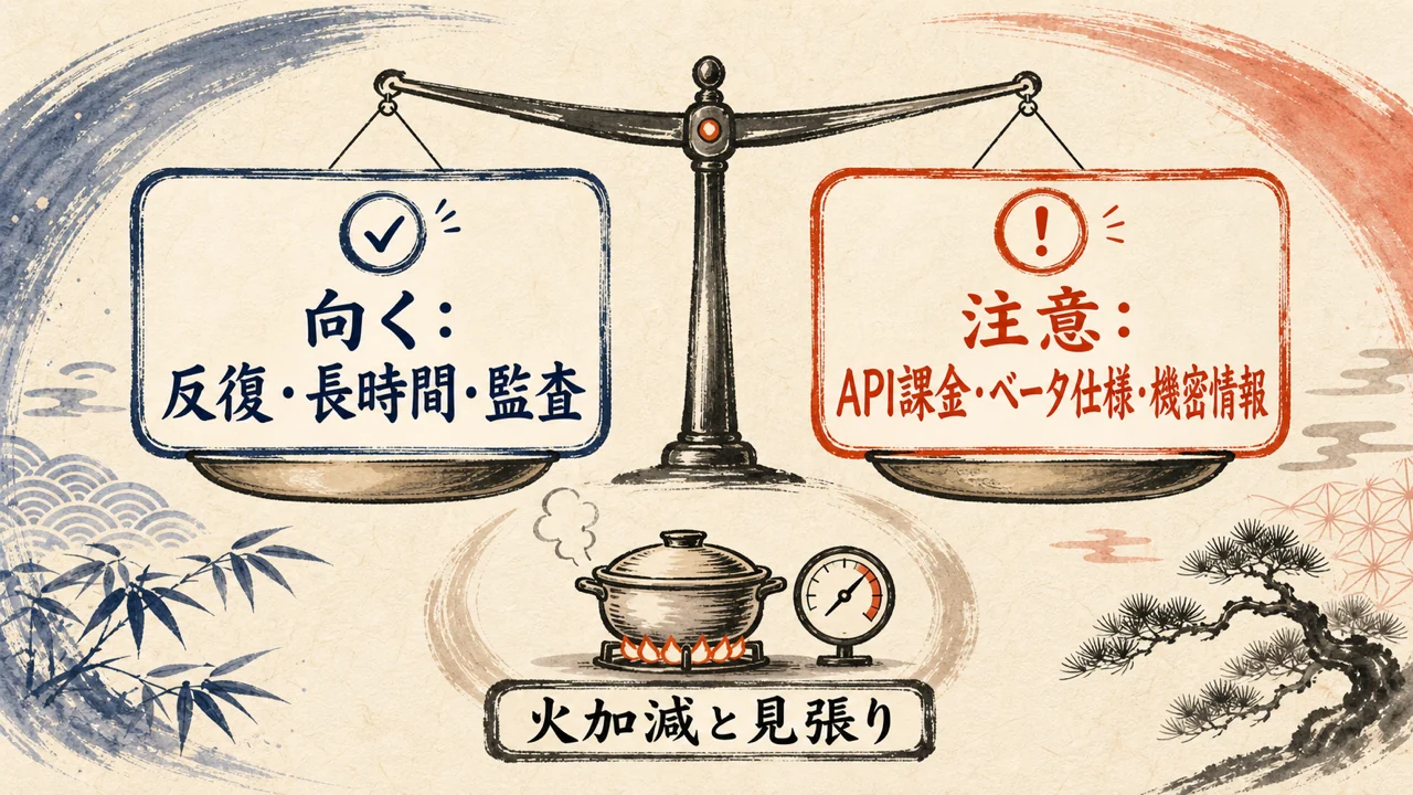 Managed Agents のメリットと注意点を天秤で示す図