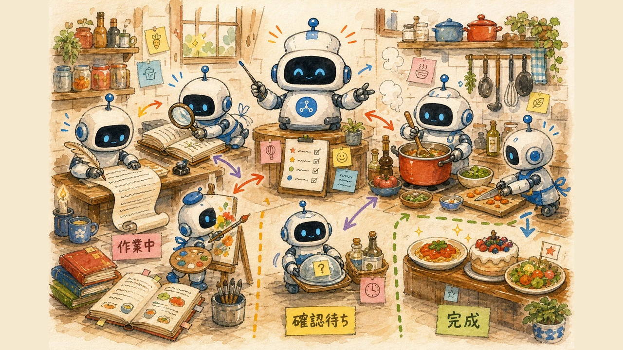 図解：AIロボットたちが厨房で並列に仕事。司令塔（マスターエージェント）が全体を指揮