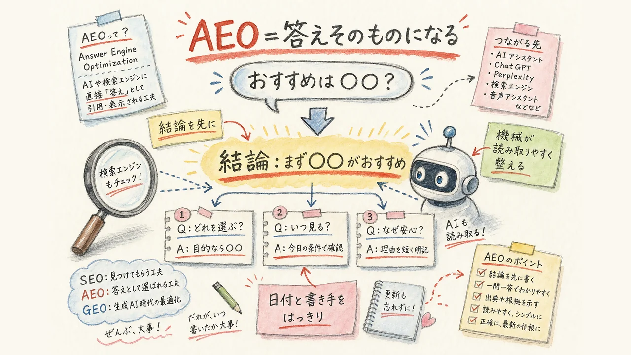 AEOの図解：質問に対して結論を先に出し、一問一答や日付・書き手を整えてAIが答えを抜き出しやすくする