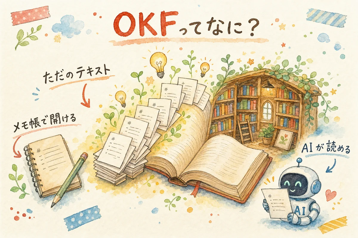 OKFはただのMarkdownテキストで知識を持つ仕組みを描いた水彩イラスト