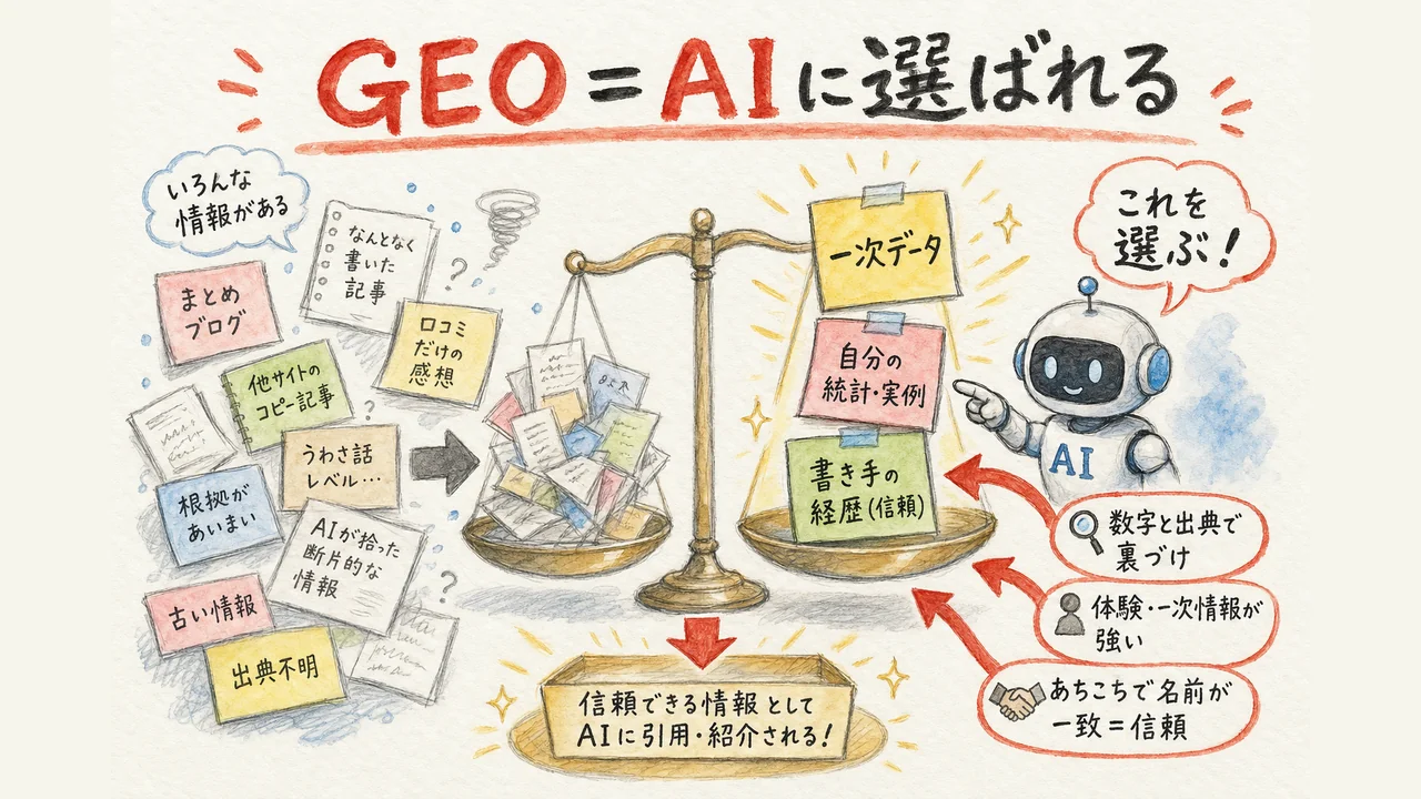GEOの図解：たくさんの情報源からAIが一つを選んで薦める。一次データ・実例・書き手の経歴が信頼の決め手になる