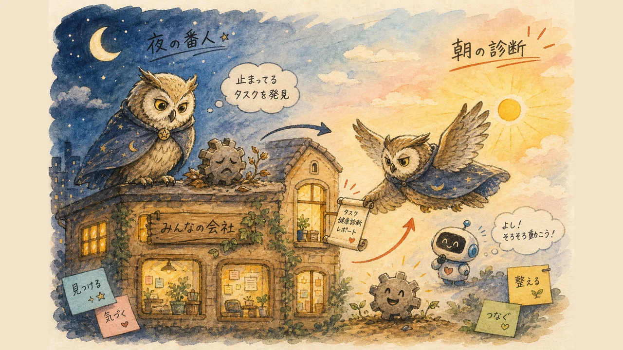 図解：夜の番人（autorun）が会社を見張り、毎朝タスクの健康診断をしてくれる