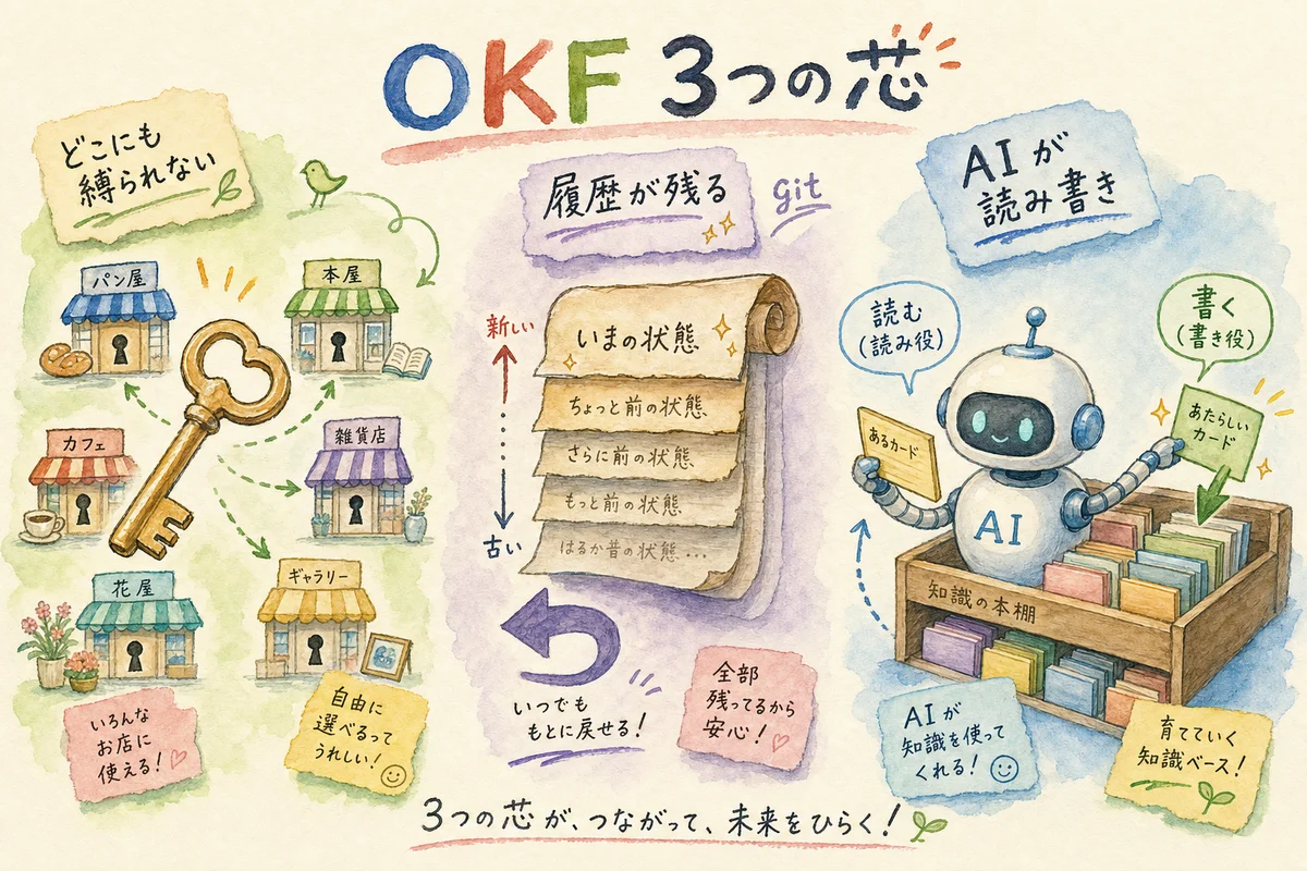 OKFの3つの設計思想を描いた水彩イラスト