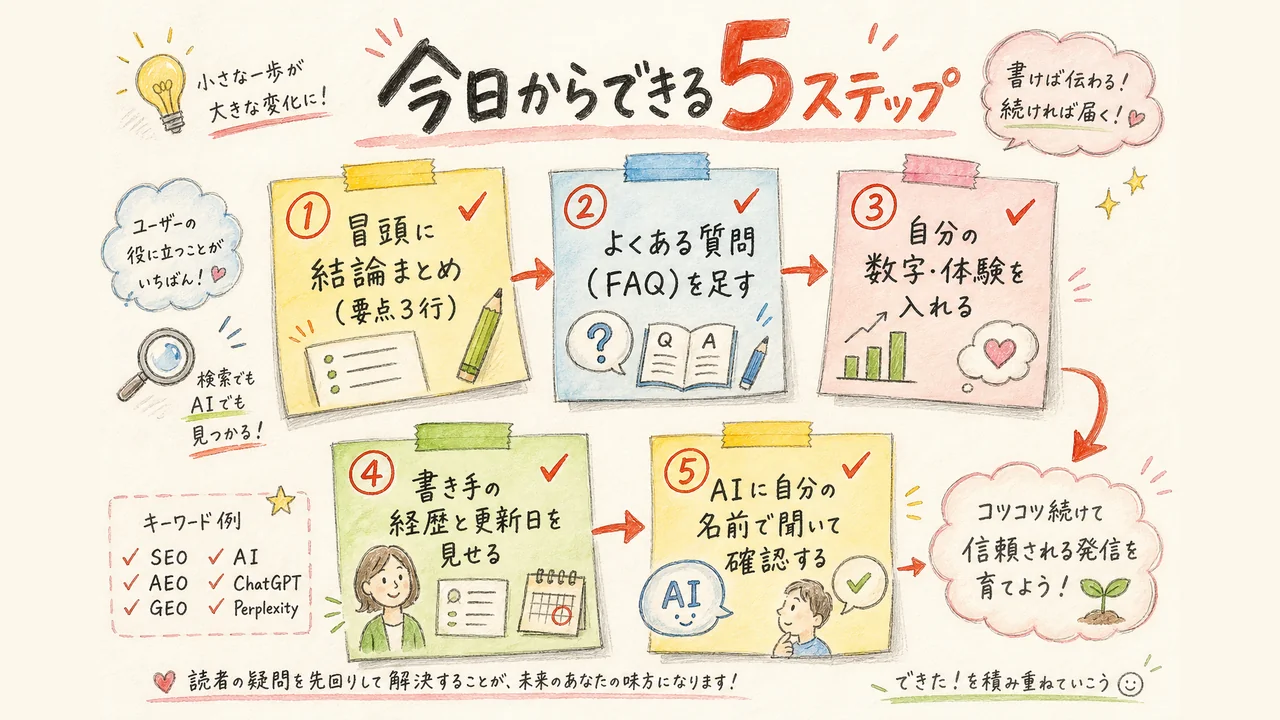 今日からできる5ステップのチェックリスト：結論まとめ・FAQ・自分の数字・経歴と更新日・AIで自分を検索