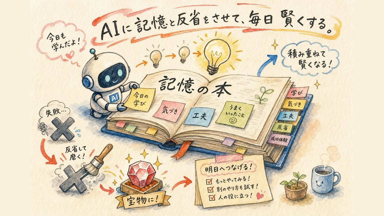 図解：AIが記憶の本（MEMORY.md）に学びを貯めて、失敗も宝物に変えて毎日賢くなる