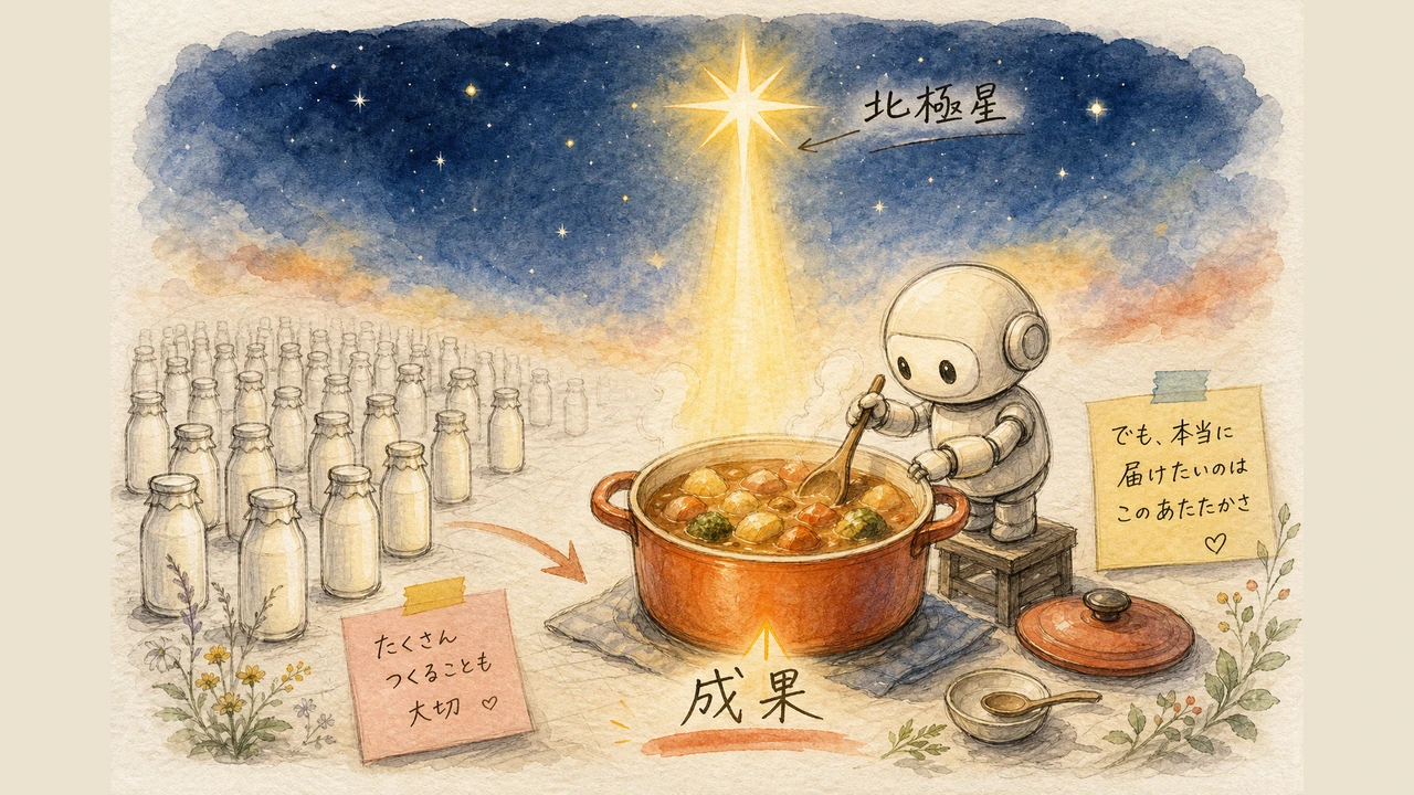 図解：量（牛乳）より成果（シチュー）。北極星を見て、本当に届けたいものを選ぶ
