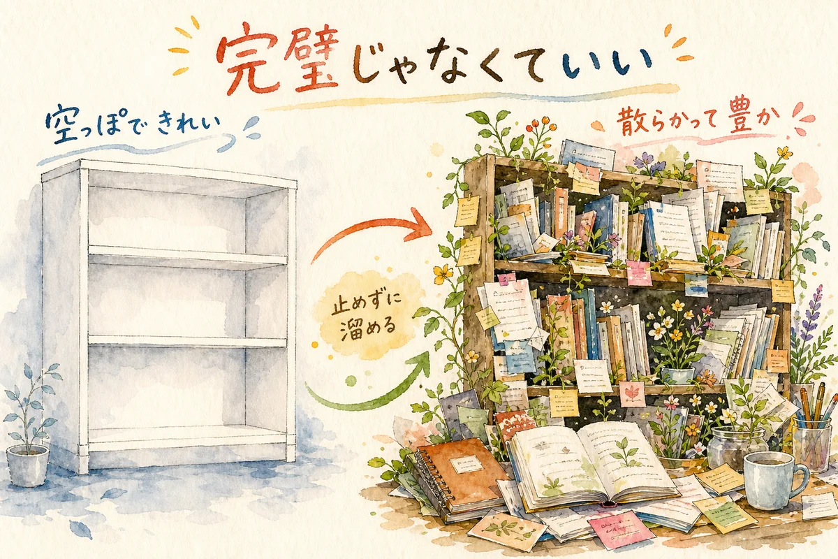 完璧に整理するより止めずに溜めるほうが続くことを描いた水彩イラスト