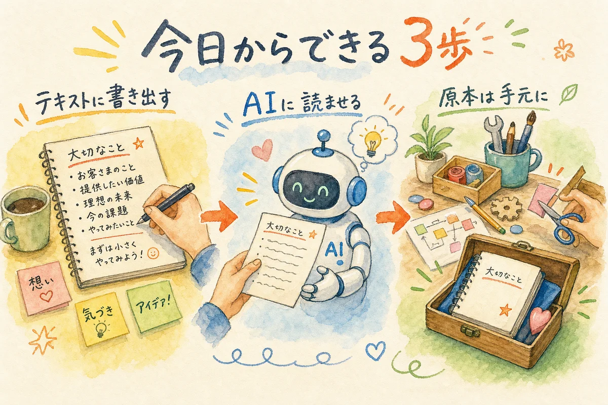 非エンジニアの経営者が今日からできる3つの一歩を描いた水彩イラスト
