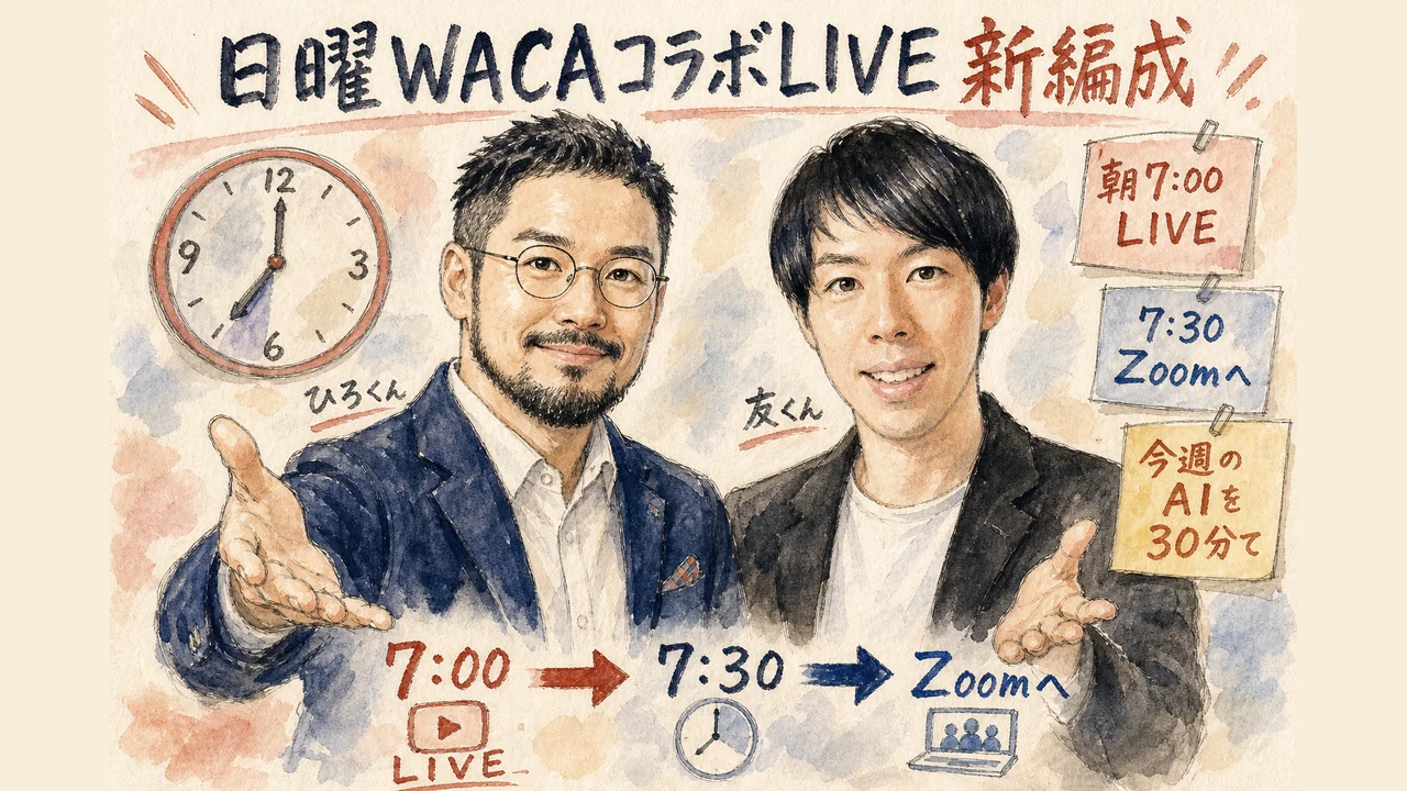 日曜WACAコラボLIVEの新編成（朝7:00〜7:30 LIVE → 7:30〜 WACA Zoom）をひろくんと友くんが案内