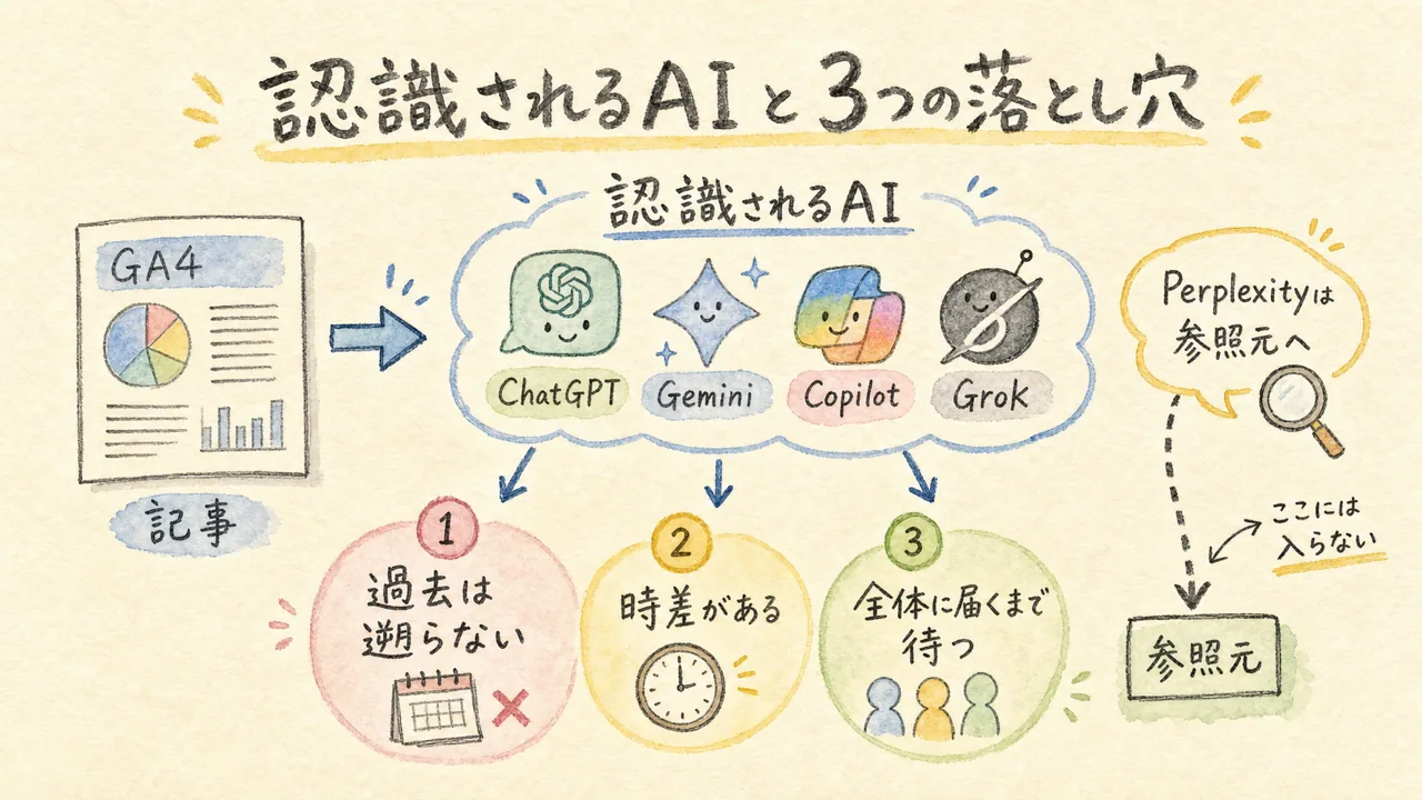 認識されるAI（ChatGPT・Gemini・Copilot・Grok）と3つの落とし穴（Perplexityは別・過去は遡らない・時差）の図解