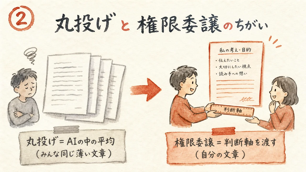 丸投げと権限委譲の違いを示す図解