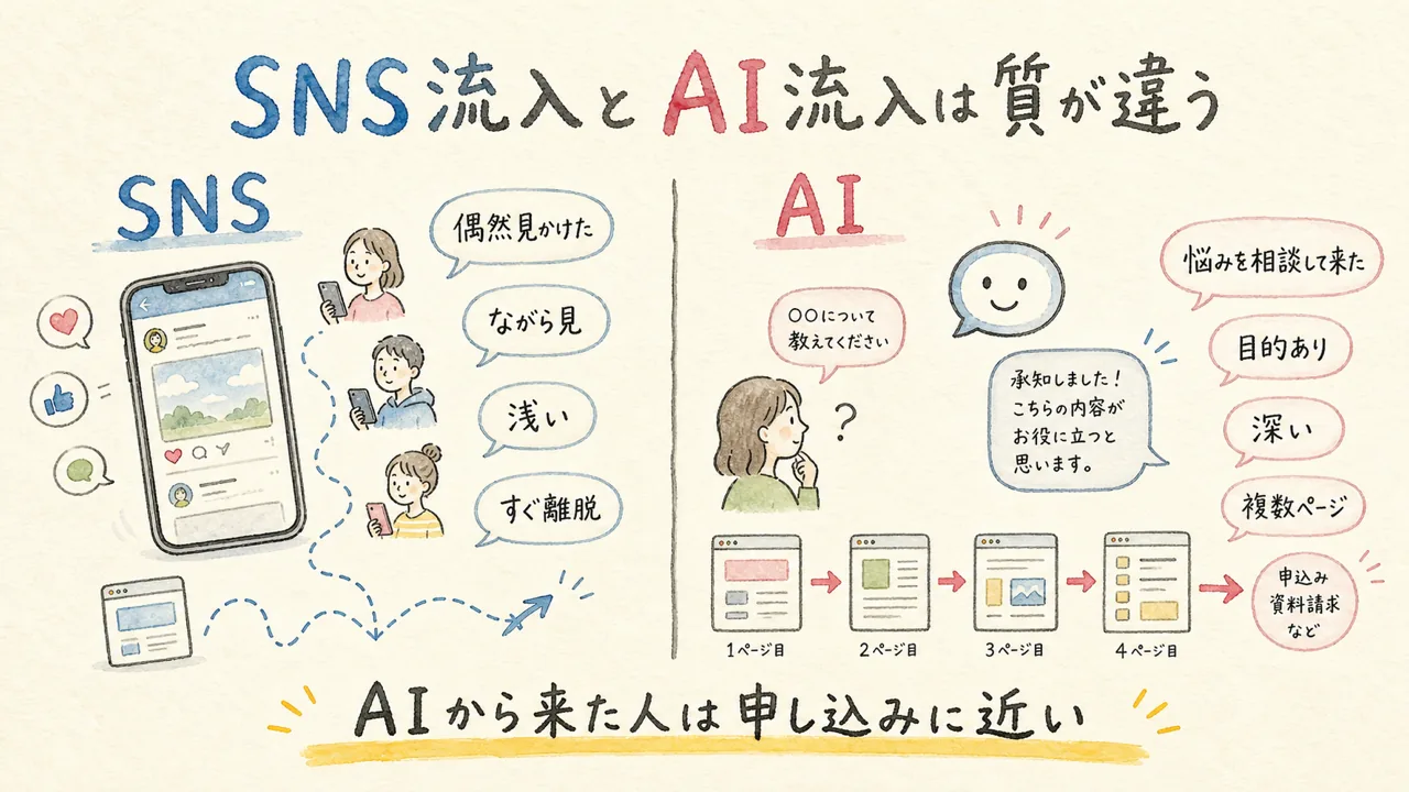 SNS流入（偶然・浅い）とAI流入（目的あり・深い・申し込みに近い）の質の違いを対比した図解