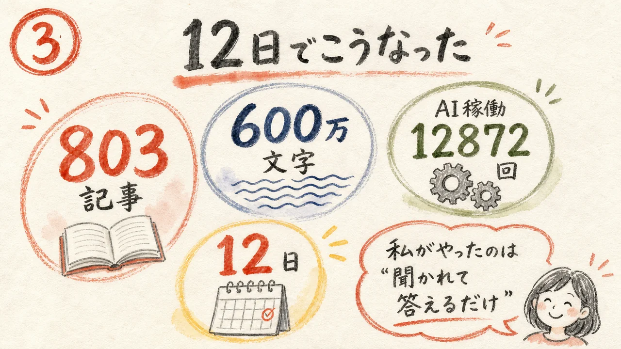 12日で803記事600万文字AI稼働12872回の実績図解