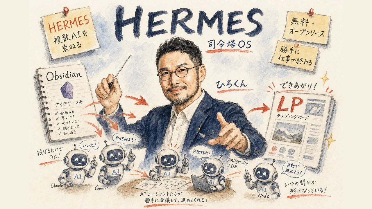 ひろくんが解説するHERMESエージェント。複数のAIを束ね、Obsidianに投げたアイデアを自律的に形にする母艦OSの図解