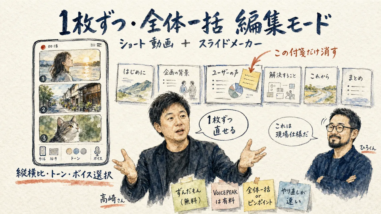 ショート動画とスライドを1枚ずつ／全体一括で編集できる柔軟UI
