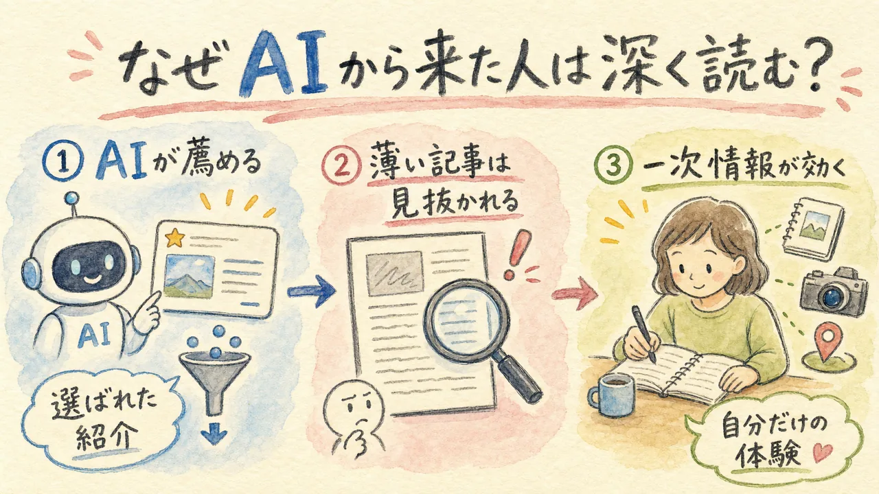 なぜAIから来た人は深く読むのか：選ばれた紹介・薄い記事は見抜かれる・一次情報が効く、の図解