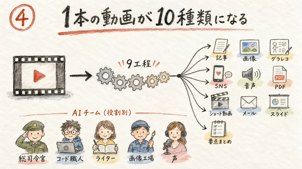 1本の動画が記事画像音声PDFなど10種類に展開する9工程の図解