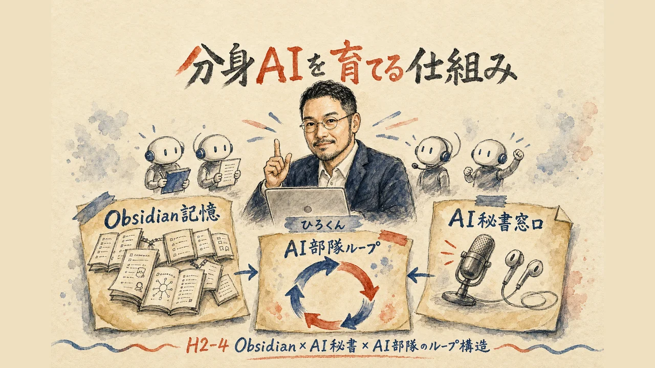 分身AIを育てる仕組み Obsidian×AI秘書凛×AI部隊の図解